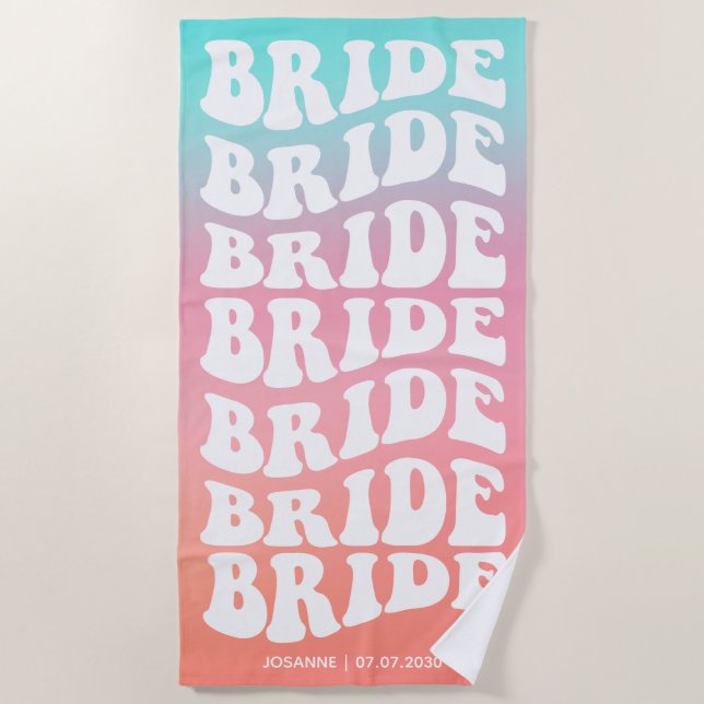 Retro Bride Pink Aqua Gradient Custom Beach Towel (Front)
