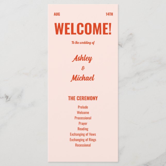 Retro Bright & Colourful Peach Wedding  Program (Front)