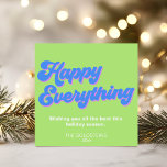 Retro Bright Lime and Blue Happy Everything Holiday Card<br><div class="desc">Holiday greeting for all the winter holidays with the expression - happy everything - with groovy retro style typography in a loud nostalgic 80s and 90s color palette of chartreuse lime green,  vibrant blue,  and pink,  personalized with your greeting and name.</div>