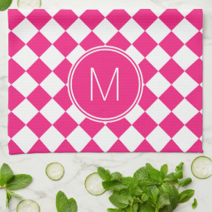 Retro Bright Pink and White Chequered Check Kitchen Towel