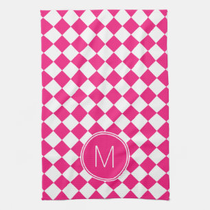 Retro Bright Pink and White Chequered Check Kitchen Towel