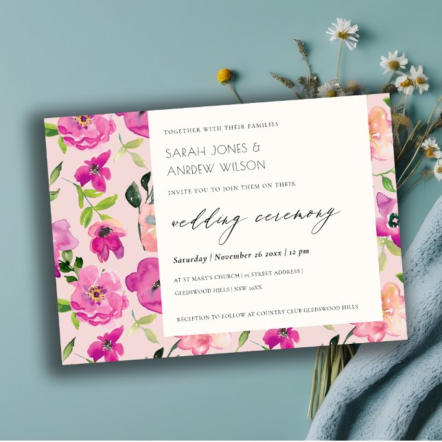 Retro Bright Pink Fun Watercolor Floral Wedding Invitation (Creator Uploaded)
