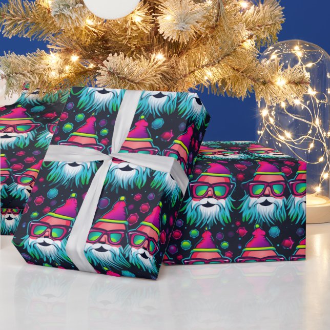 Retro Bright Pink Groovy Sunglasses Santa Wrapping Paper (Holidays)