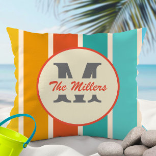 Retro Bright Summer Monogram  Throw Pillow