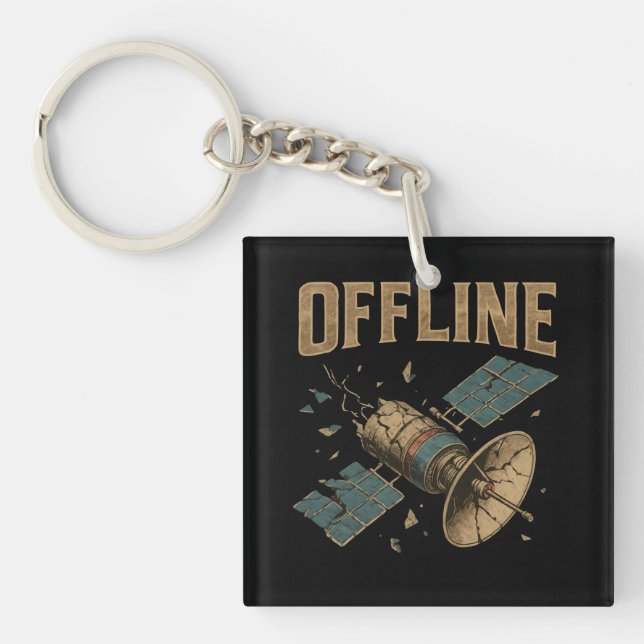 Retro Broken Satellite "OFFLINE" Space Art Keychain (Front)