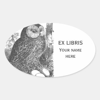 Retro brooding owl drawing bookplate oval sticker
