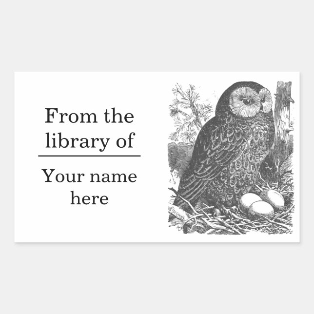 Retro brooding owl drawing bookplate sticker (Front)