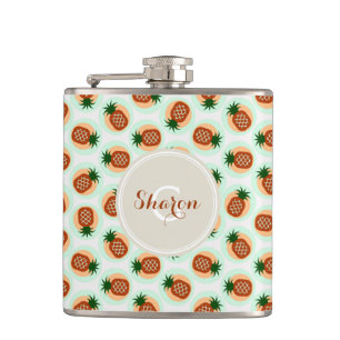Retro brown and mint pineapple patterns monogram hip flask