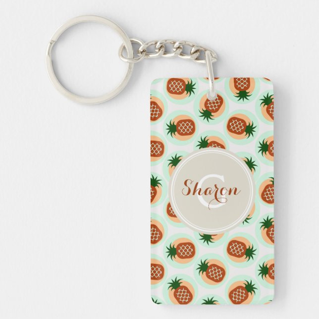 Retro brown and mint pineapple patterns monogram keychain (Front)