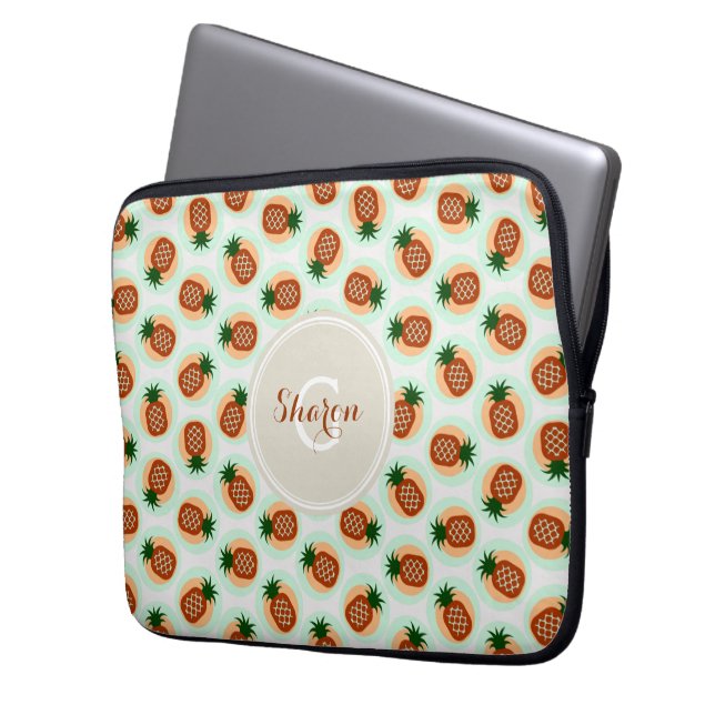 Retro brown and mint pineapple patterns monogram laptop sleeve (Front Left)
