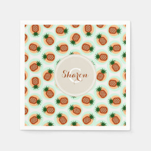 Retro brown and mint pineapple patterns monogram napkin