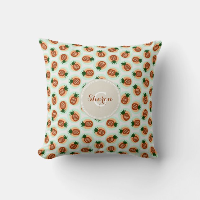 Retro brown and mint pineapple patterns monogram throw pillow (Front)
