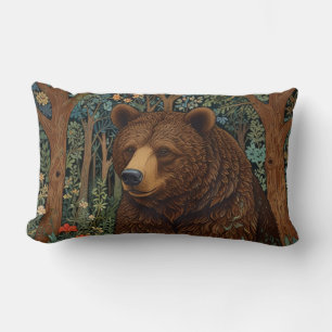 Retro brown bear artwork boho woodland forest lumbar pillow