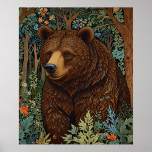 Retro brown bear artwork boho woodland forest poster