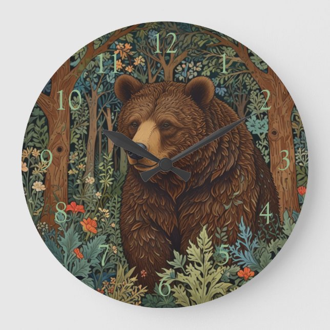 Retro brown bear boho woodland artwork large clock (Front)