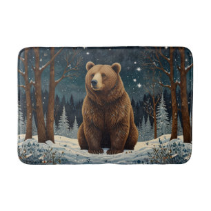 Retro brown bear midnight winter landscape bath mat