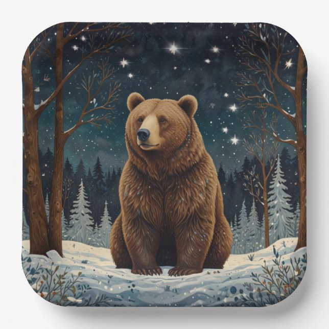 Retro brown bear midnight winter landscape paper plate (Front)