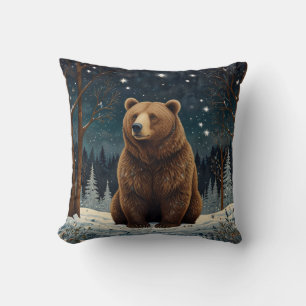Retro brown bear midnight winter landscape throw pillow
