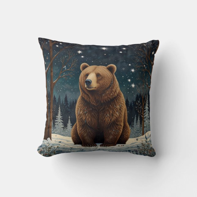Retro brown bear midnight winter landscape throw pillow (Front)