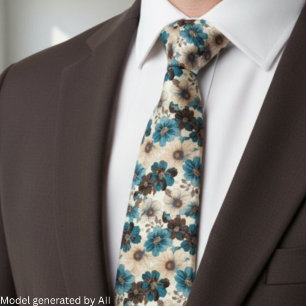 Retro Brown Blue Floral Tie