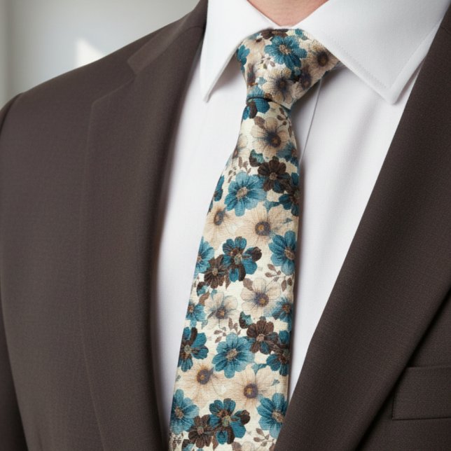 Retro Brown Blue Floral Tie (Creator Uploaded)