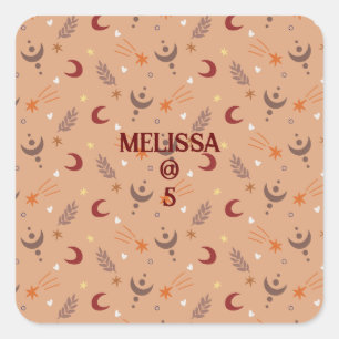 Retro Brown Boho Whimsical Personalized Birthday Square Sticker