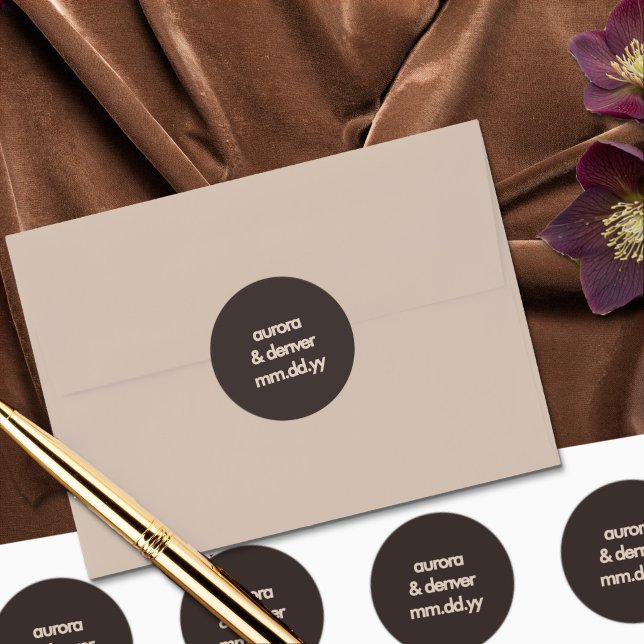Retro Brown Casual Wedding Envelope Seal Sticker (Bride & Groom name sticker from the Casual Brown Plaid wedding collection by Darling & May)