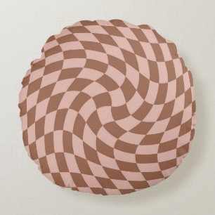 Retro Brown Checks Warped Chequered Dorm Room Round Pillow