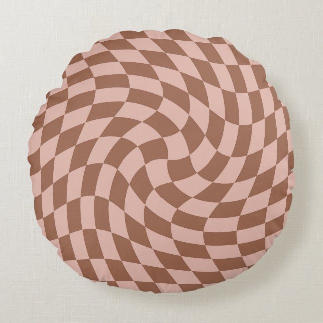 Retro Brown Checks Warped Chequered Dorm Room Round Pillow (Front)