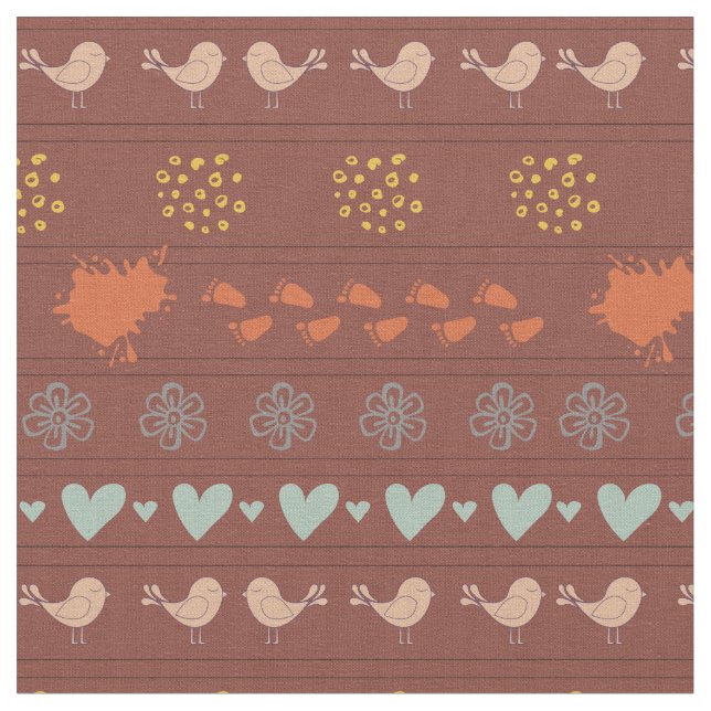Retro brown colourful pattern of birds, dots, foot fabric (Close Up)