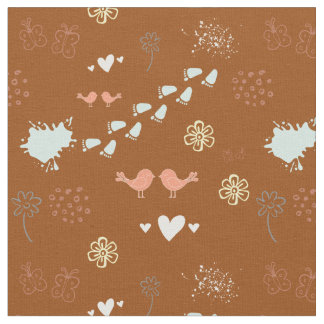 Retro brown pattern of birds, dots, foots fabric