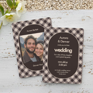 Retro Brown Plaid Photo Cozy Casual Wedding Invitation