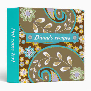 Retro brown, turquoise paisley floral recipe binder