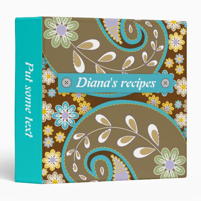 Retro brown, turquoise paisley floral recipe binder (Front/Spine)