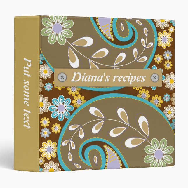 Retro brown, turquoise paisley floral recipe binder (Front/Spine)