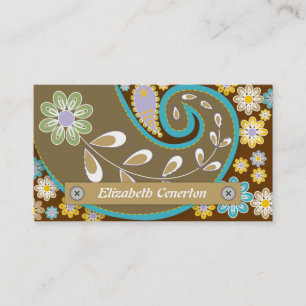 Retro brown, turquoise paisley motif floral business card