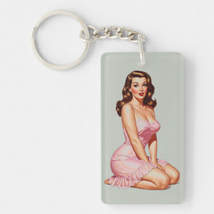 Retro Brunette Pin-up Girl in Pink Keychain