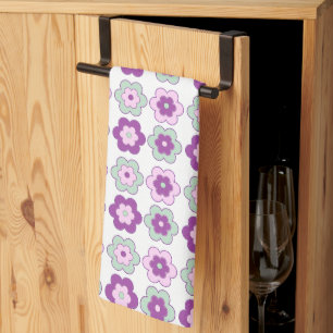 Retro Bubble Flowers (green and purple) Pattern Kitchen Towel