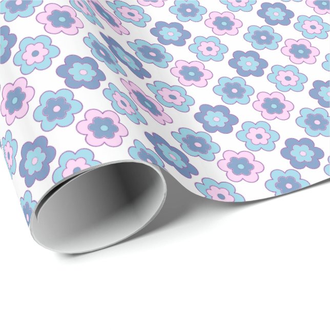 Retro Bubble Flowers (Pink and Blue) Pattern Wrapping Paper (Roll Corner)