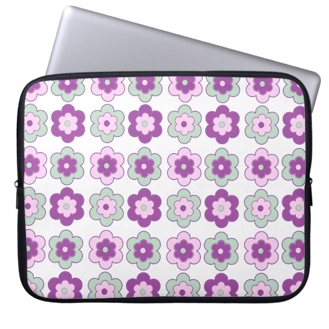 Retro Bubble Flowers (Purple and Green) Pattern Laptop Sleeve (Front)