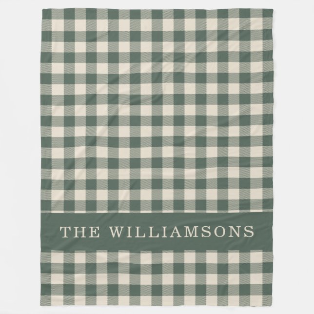 Retro Buffalo Plaid Forest Green Personalized Name Fleece Blanket (Front)