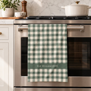 Retro Buffalo Plaid Forest Green Personalized Name Kitchen Towel