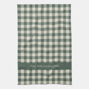 Retro Buffalo Plaid Forest Green Personalized Name Kitchen Towel