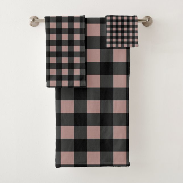 Retro Buffalo Plaid in Black and Blush Pink  Bath Towel Set (Insitu)