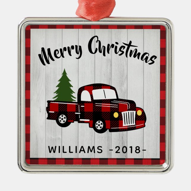 Retro Buffalo Plaid Personalized Metal Ornament (Front)