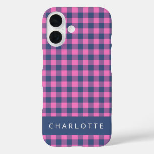 Retro Buffalo Plaid Pink Blue Personalized Name  iPhone 16 Case