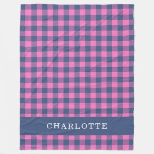 Retro Buffalo Plaid Pink Blue Personalized Name Fleece Blanket