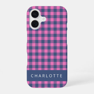 Retro Buffalo Plaid Pink Blue Personalized Name iPhone 16 Case
