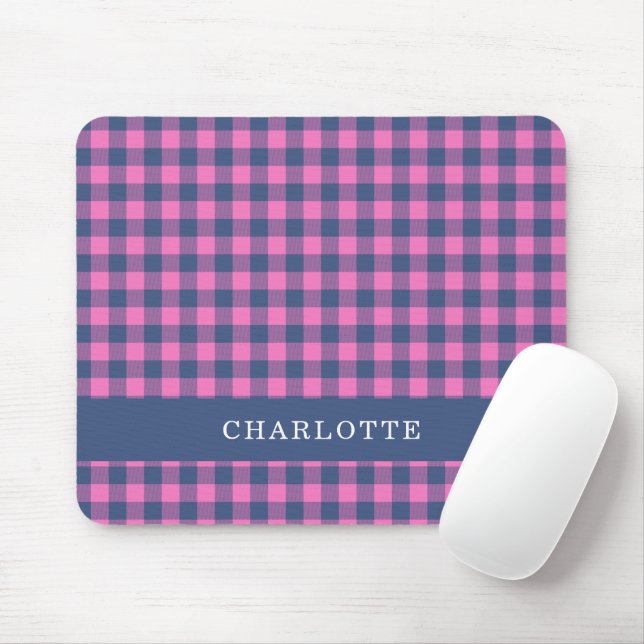 Retro Buffalo Plaid Pink Blue Personalized Name  Mouse Pad (With Mouse)
