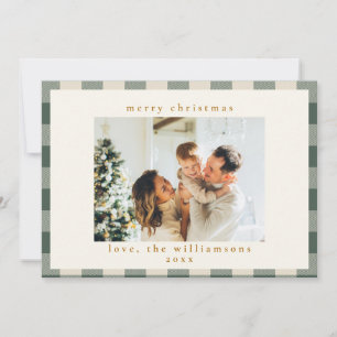 Retro Buffalo Plaid Tartan Forest Green Photo Holiday Card